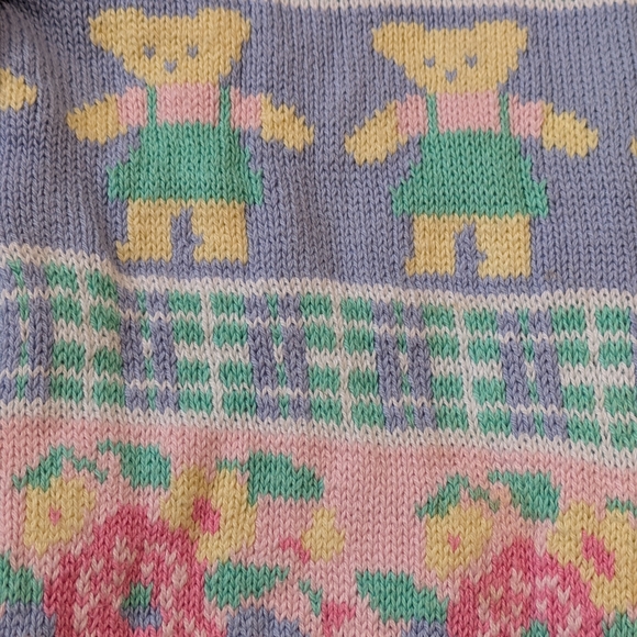 Vintage Hartstrings Knit Cardigan | Pastel Bear, Rose & Vine Motif Sweater | - Picture 2 of 4